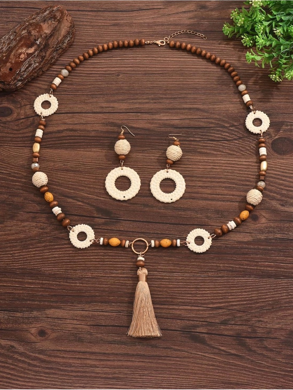 🌙✨Boho Cream Crochet Beaded Necklace & Earring Set - Picture 2 of 4